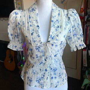 Reformation Cream and Blue Floral Puff Sleeve Blouse